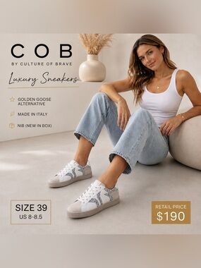Culture of Brave White Silver Glitter Wing Luxury Sneakers NIB Size 39/ US 8-8.5